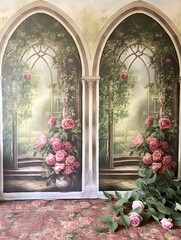 Fototapeta na wymiar Antique Rose Garden Prints: Vintage Landscape with Petal-Draped Arches