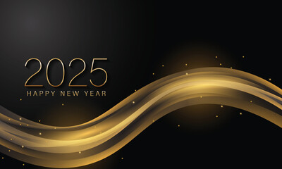 2025 New year with Abstract shiny color gold wave design element and glitter effect on dark background. For Calendar, poster design