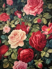 Antique Rose Garden Prints: Vintage Painting of Timeless Floral Scenes