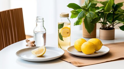 Refreshing lemon water with ginger on the table