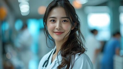 Portrait of an attractive Asian woman doctor standing in the hallway with a stethoscope