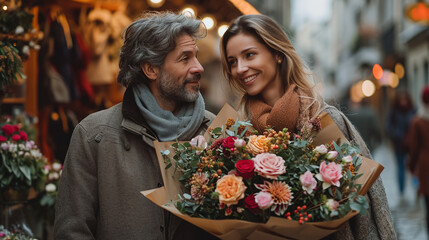 A happy young couple with a large bouquet of red roses