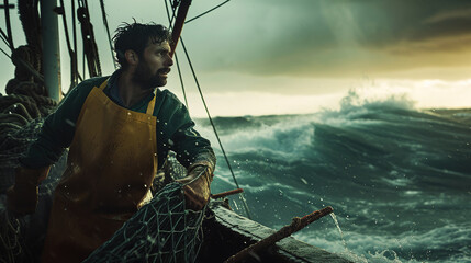 A male fisherman on a fishing boat during a storm. Focused bearded brutal male fisher - Powered by Adobe