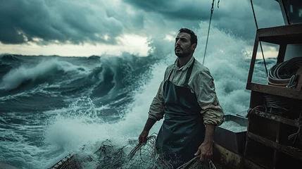 Poster A male fisherman on a fishing boat during a storm. Focused bearded brutal male fisher © Vasiliy