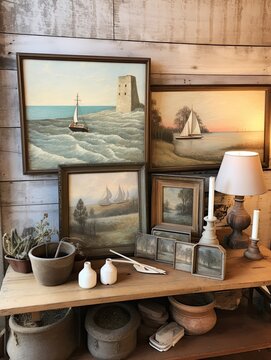 Artisan Crafted Seashore Sketches: Vintage Coastal Charm in a Stunning Vintage Painting