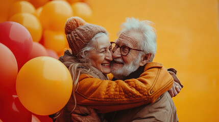 Happy senior couple celebrating anniversary or Valentine's Day against the background of balloons