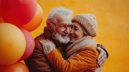 Happy senior couple celebrating anniversary or Valentine's Day against the background of balloons