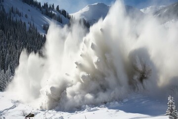 A mountain snow avalanche collapse with a massive snow dust blizzard. Generative AI