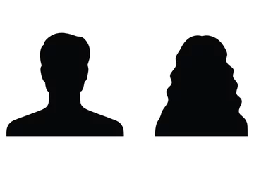 Fotobehang A vector illustration depicting male and female face silhouettes or icons, serving as avatars or profiles for unknown or anonymous individuals. The illustration portrays a man and a woman portrait. © Meduza