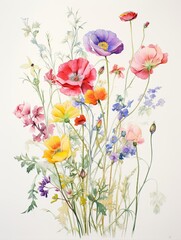 Artisanal Meadow Watercolors: Vintage Wildflower Wall Decor