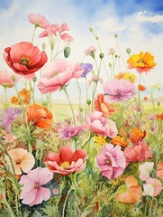 Wildflower Vintage Landscape Artistry: Artisanal Meadow Watercolors for Serene Nature enthusiasts
