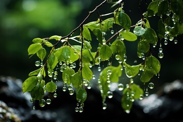 Raindrops hanging on the edge of green leaves