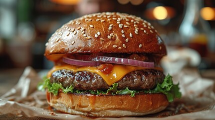 Juicy burger close-up with French fries in a restaurant on the table