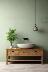 Bathroom vanity with a green wall and a wood cabinet - obrazy, fototapety, plakaty