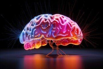 Obraz premium Brain creativity frontal, temporal lobes, prefrontal cortex. Hemispheric specialization, cortical connectivity, right left brain activities. Neurotransmitters serotonin dopamine cognitive enhancement