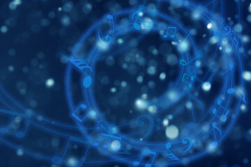 Music notes swirling on blue background, bokeh effect