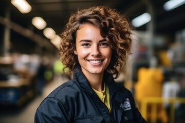 Portrait of a smiling young woman in a warehouse