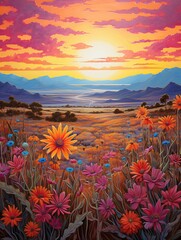 Boho Desert Sunset Paintings: Captivating Bohemian Sunsets over Desert Wildflower Fields
