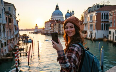 Fototapeta na wymiar Venetian Adventure: A Young Native Woman, Backpack Adorned, Captures the Joy of Traveling with a Selfie near a Venice Bridge - A Genuine Smile Amidst Italian Heritage.