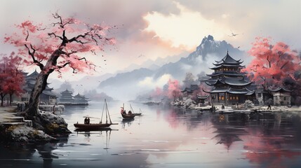 Oriental lake landscape with mountains and cherry blossoms