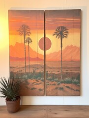 Boho Desert Sunset Paintings | Radiant Vintage Art Print with Desert Scenes