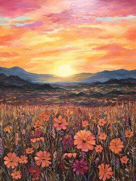 Boho Desert Sunset Paintings: Vintage Canvas with Sun-Kissed Wildflower Fields