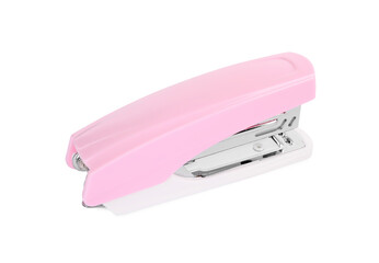One new pink stapler isolated on white
