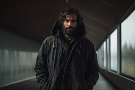 Handsome young man with long black hair and beard wearing a black jacket and hood standing in a tunnel