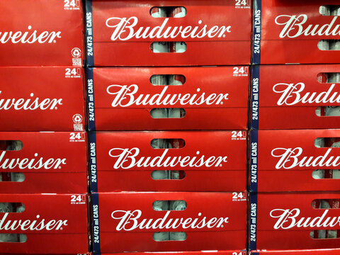 Kaohsiung, Taiwan - August 8, 2019: Beer variety Budweiser beer (many boxes) is sold on supermarket shelves.