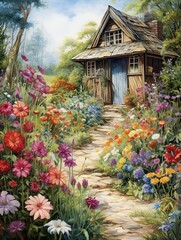 Blooming Beauty: Classic Cottage Garden Art - Vintage Landscape