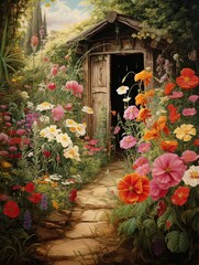 Classic Cottage Garden Art: Vintage Painting of Enchanting Gardens at Dawn