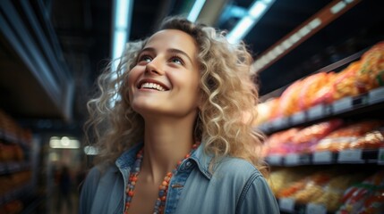 Happy young woman looking up in supermarket - obrazy, fototapety, plakaty