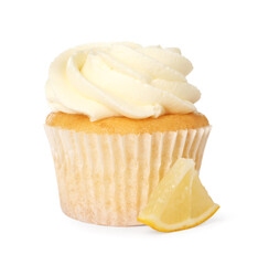 Delicious lemon cupcake with cream isolated on white