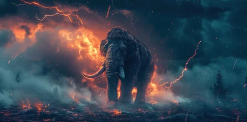 Deurstickers Mammoth in prehistoric wild field with lightning bolt and fire flame in forest. © rabbit75_fot