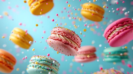 Sweet macaroons macarons with crumbs falling flying isolated on blue background. - obrazy, fototapety, plakaty