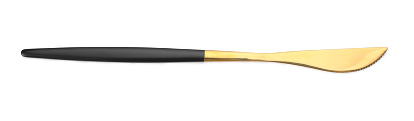 One shiny golden knife with black handle isolated on white, top view