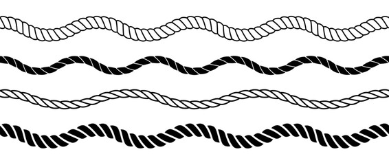 Set of rope waves. Repeating hemp cord stripes collection. Waving chain, braid, plait bundle. Seamless decorative plait pattern. Vector marine twine design elements for banner, poster, frame, border - obrazy, fototapety, plakaty
