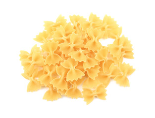 Pile of raw farfalle pasta isolated on white, top view