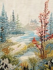 Classic Vintage Landscape: Delicate Embroidery Floral Stitch Art