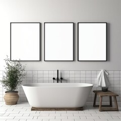 Fototapeta na wymiar Bathroom interior with bathtub, frames and stool
