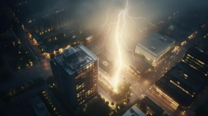 Aerial view of bright lightning strike on city building in a thunderstorm at night. - obrazy, fototapety, plakaty