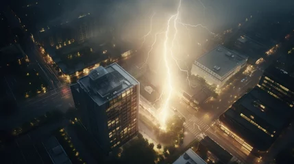 Fotobehang Aerial view of bright lightning strike on city building in a thunderstorm at night. © rabbit75_fot