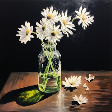 Still life painting of daisies in a jar