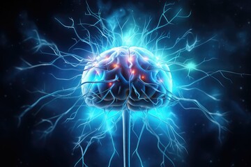 Neuron-glia metabolic coupling, brain energy homeostasis lightning thunderbolt flashes. Cognitive demands, brain ATP demand, cerebral glucose metabolism. Hypoglycemia, cerebral energy crisis energetic - obrazy, fototapety, plakaty