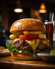 Delicious burger with cheese, lettuce, tomato, and french fries on a wooden board, tempting tasty hamburger, Mouthwatering juicy burger with fries