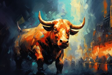 A charging powerful bull. Finance and investment bull market concept. - obrazy, fototapety, plakaty