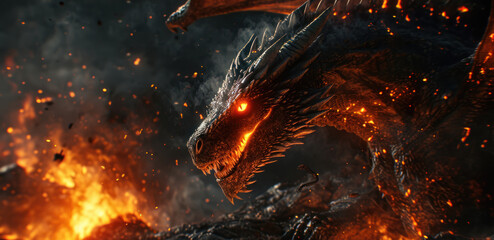 Close-up view of an angry evil dragon with red eyes and fire flames. - obrazy, fototapety, plakaty