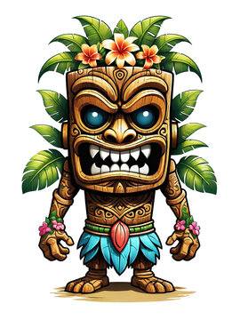 Tiki wooden tribal mascot cartoon character ethnic ornaments design on transparent background