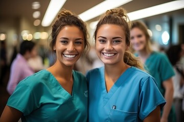 Two young female nurses smiling at the camera