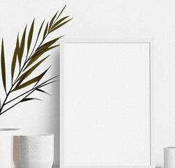 White blank paper with frame and green leaves. Minimal design with copy space. Natural Template for presentation. Nature wallpaper. Minimalist concept. Beautiful Nature Flyer. Interior design